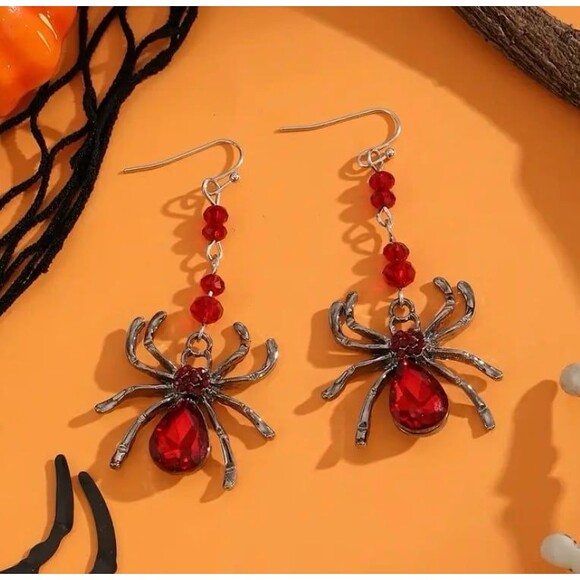 Dark Red Crystal Halloween Gothic Spider Dangle Earrings - Picture 1 of 4